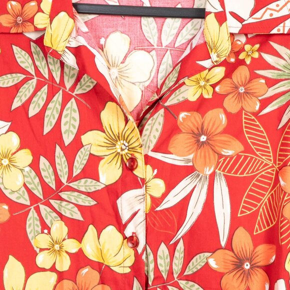 Pappagallo Hawaiian Shirt Womens XL Red Floral Ruched Drawstring Side Buttons - Picture 4 of 6
